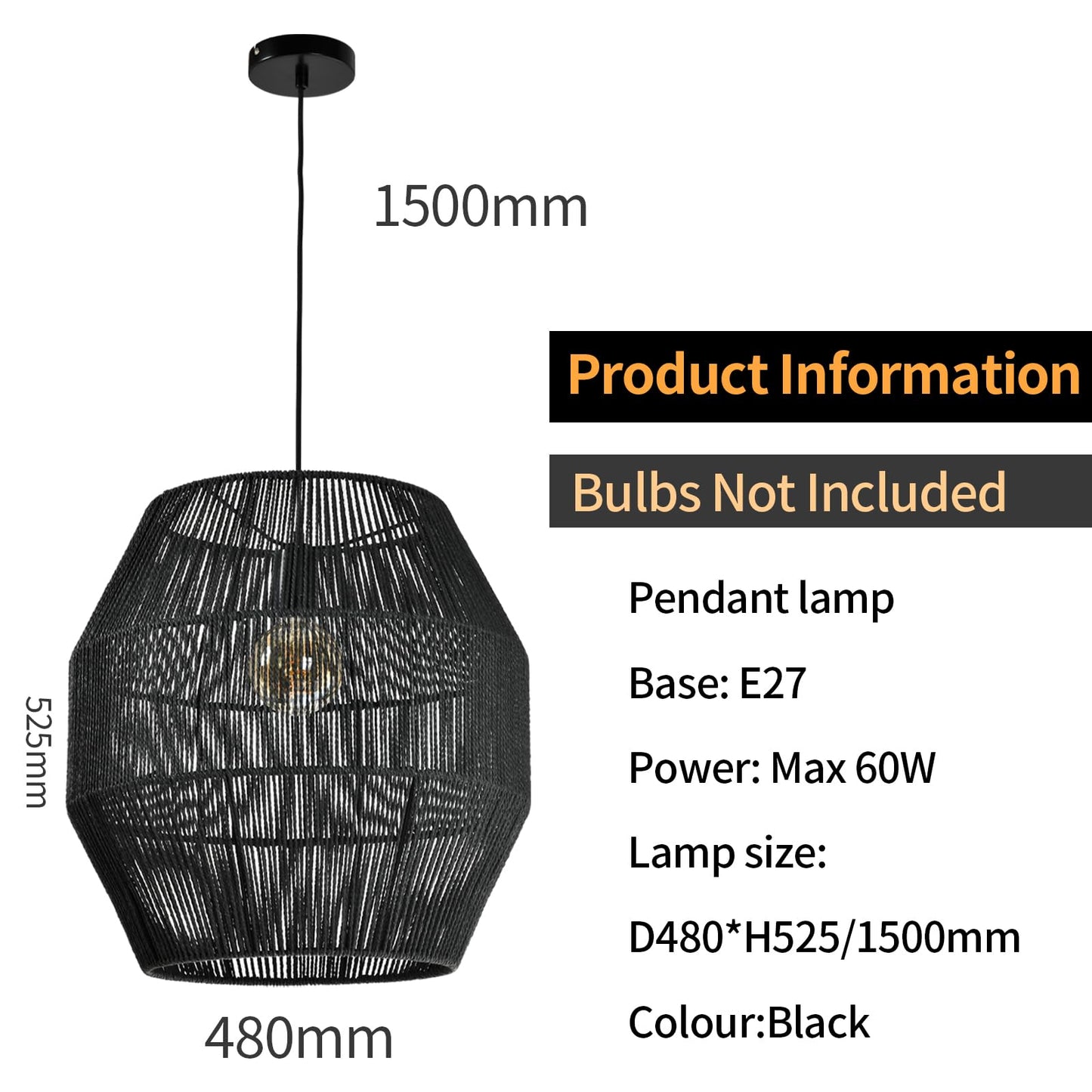 LQWELL® E27 Pendant Lamp, Retro Hanging Lamp 1-Light, Linen Black Brown Chandelier for Living Room Bedroom Dining Room Bar Hotel Shop Studio Cafes
