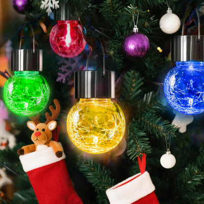LQWELL® Solar Hanging Lights for Outdoors, 4 PCS Solar Outdoor Lights, Crackle Glass Ball Lantern Light, Waterproof, Multiple Colors, Cracked, Automatic Color Change for Party, Garden, Fence, Tree Decor