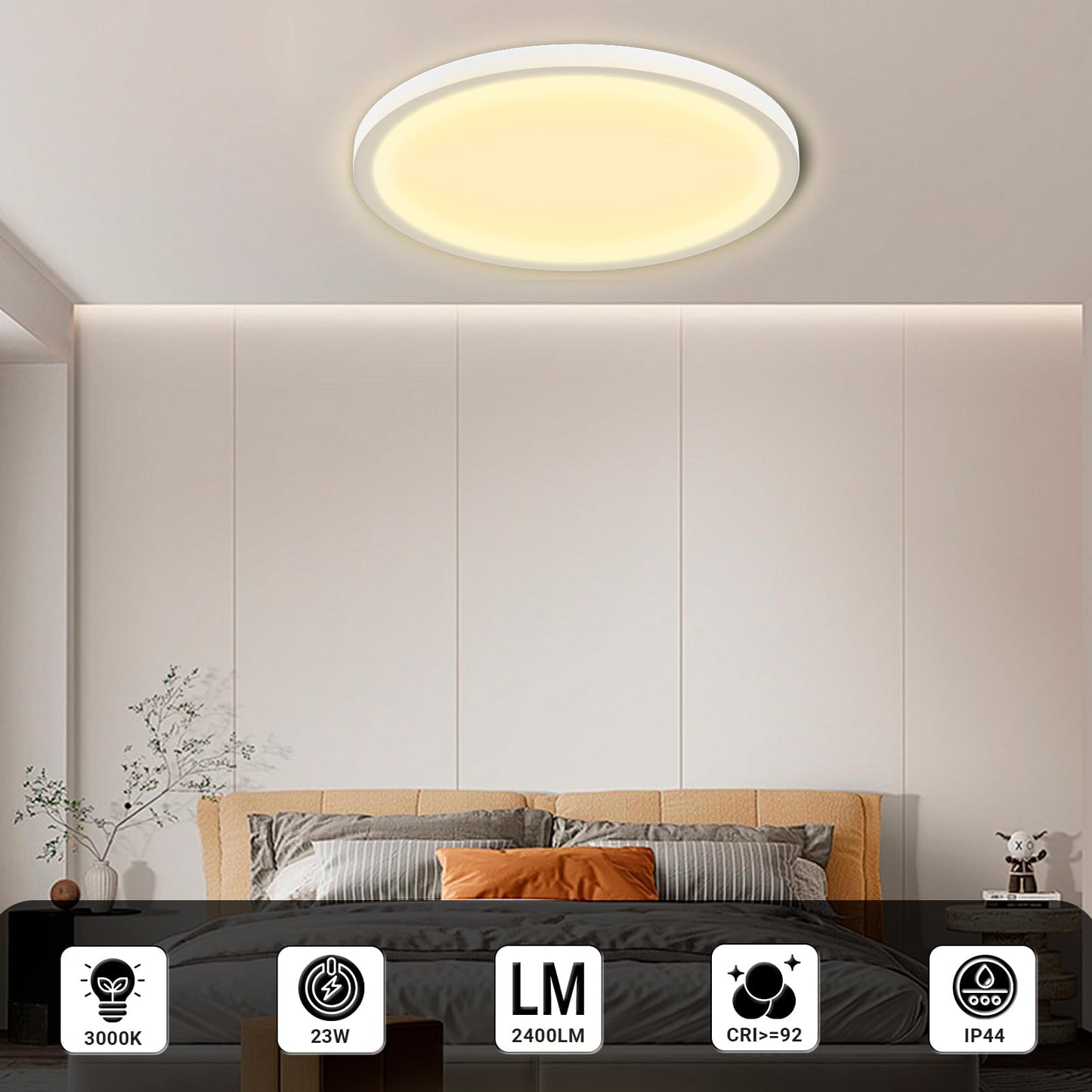 LQWELL® Ceiling Light LED Ceiling Lamp, IP44 Waterproof Bathroom Lamp Round Flat 23W 3000K 2400LM Modern Simple Lamp Thin for Living Room Bathroom Bedroom Kitchen Balcony Basement Office, 300 * 25mm