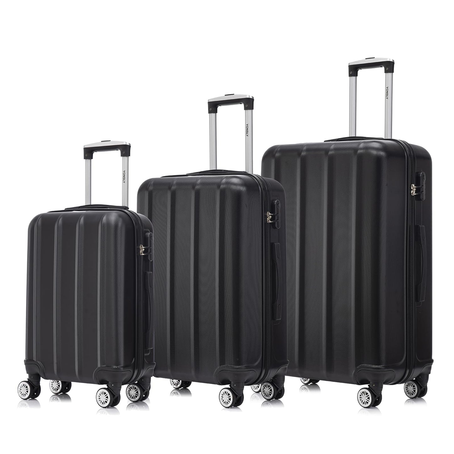 YONSLY® Reisekoffer Trolley Rollkoffer Handgepäck Set, Kofferset, Gepäckset, Hartschalenreisekoffer Travel Koffer Suitcase mit 4 Rollen 360°, Zahlenschloss, Weicher Gummigriff (3er Set,M,L&XL,Schwarz)