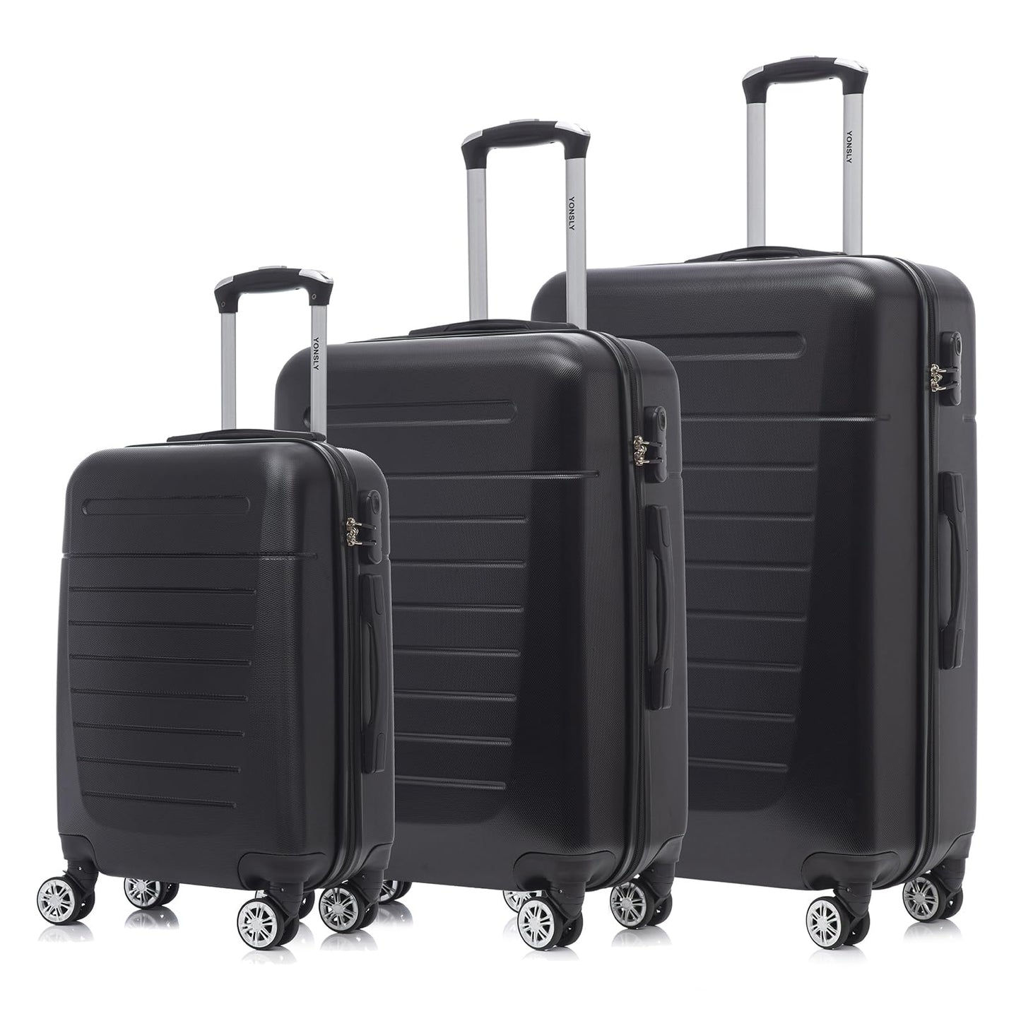 YONSLY® Reisekoffer Trolley Set, Rollkoffer Handgepäck, Kofferset, Gepäckset, Travel Koffer Suitcase mit Rollen 360°, Zahlenschloss, Weicher Gummigriff, Hartschalenreisekoffer(3er Set,M,L&XL,Schwarz)