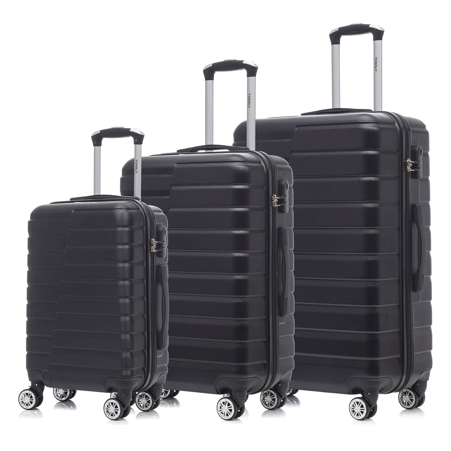 YONSLY® Reisekoffer Trolley Rollkoffer Handgepäck, Kofferset, Gepäckset, Koffer Suitcase Travel Set Hartschalenreisekoffer mit 4 Rollen 360°, Zahlenschloss, Weicher Gummigriff (3er Set,M,L&XL,Schwarz)