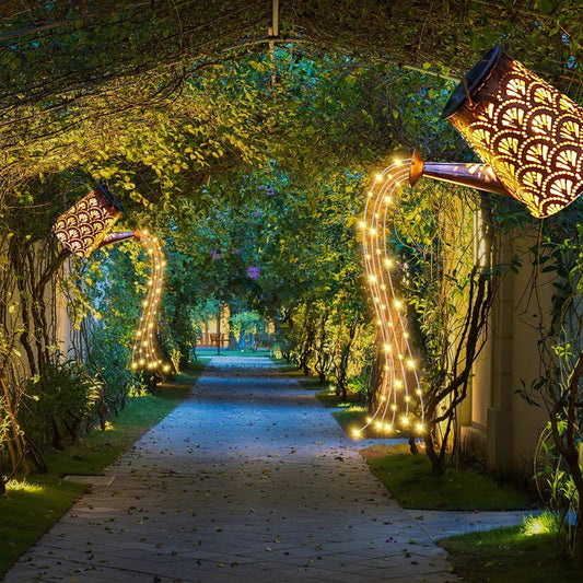 LQWELL® 2 Stück Solar Gießkanne mit Wasserfall Lichterkette Lampe für Garten Außen, Jahrgang Solar Lanterne Garten Lampe für Hof, Path Rasen, Wege, Terrasse, Yard Deko