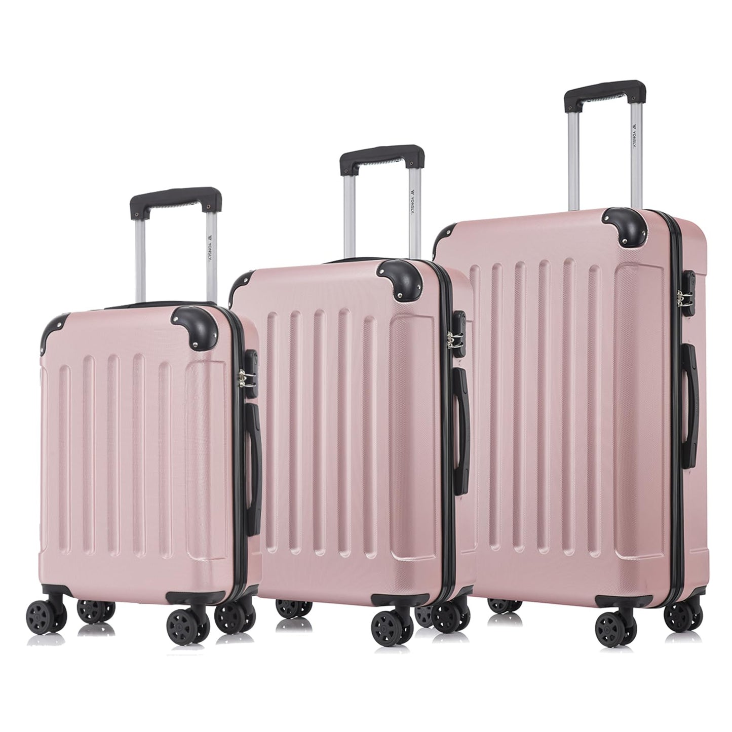 YONSLY® Suitcase Set, Trolley Travel Suitcase, Spinner Carry-on, Luggage Set with 4 360° Wheels, Hardshell Travel Suitcase, Combination Lock, Soft Rubber Handle (3 Piece Set, M,L&XL)