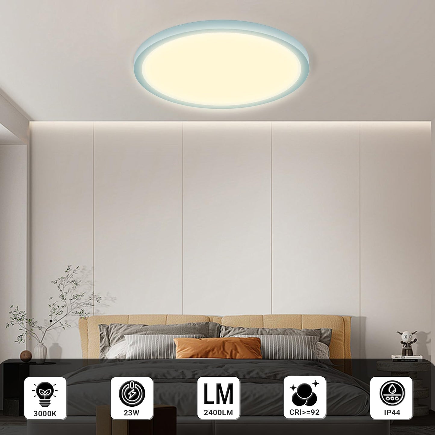 LQWELL® Ceiling Light LED Ceiling Lamp, IP44 Waterproof Bathroom Lamp Round Flat 23W 3000K 2400LM Modern Simple Lamp Thin for Living Room Bathroom Bedroom Kitchen Balcony Basement Office, 300 * 25mm