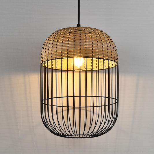 LQWELL® E27 Black Pendant Lamp, Retro Hanging Lamp Pendant Light Vertigo Lamp Height-Adjustable Chandelier Metal Rattan, for Living Room Bedroom Dining Room Cafes Studio Bar Counter