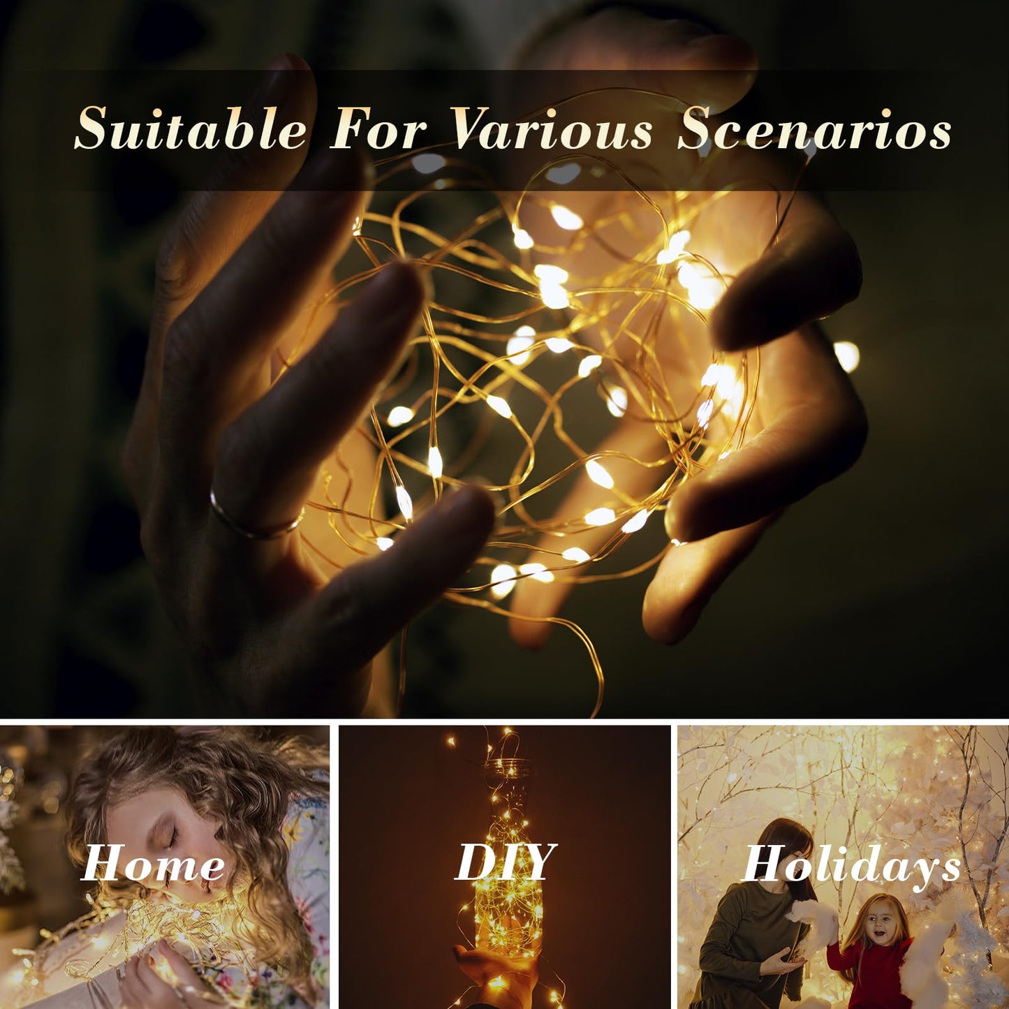 LQWELL® 2 Stück LED Lichterkette, 3M/5M/10M Kupferdrahtlampe, 30/50/100LED, Batteriebetrieben, Wasserdicht, Warmweiß, 2 Modi für Weihnachten Hochzeit Festival Wohndeko