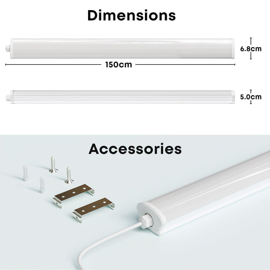 LQWELL LED Feuchtraumleuchte, LED Röhre 150x6.8x5cm IP65 Wasserfest, 45W 5050LM 6500K, Deckenleuchte Lange als Kellerleuchte, Wannenleuchte, Nassraumleuchte, Garagelampe, Werkstattlampe, 4 Stück