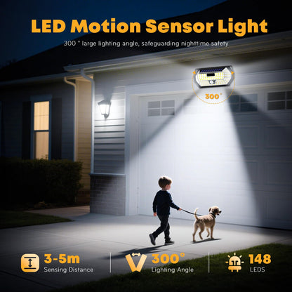 LQWELL® Solar Outdoor Lights with Motion Sensor, 300° LED Solar Lamps, Solar Wall Light, Super Bright Outdoor Light IP65 Waterproof, 3 Modes, 148 LED for Garden Terrace Garage (2 Pcs)