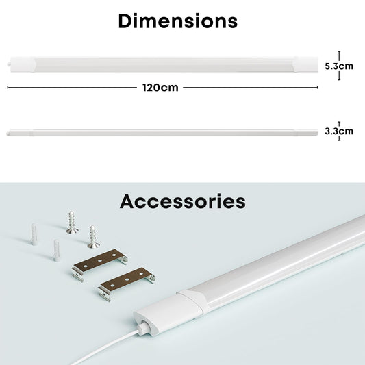 LQWELL LED Feuchtraumleuchte, LED Röhre 120x5.3x3.3cm IP65 Wasserfest, 36W 4100LM 6500K, Deckenleuchte Lange als Kellerleuchte, Wannenleuchte, Nassraumleuchte, Garagelampe, Werkstattlampe, 2 Stück