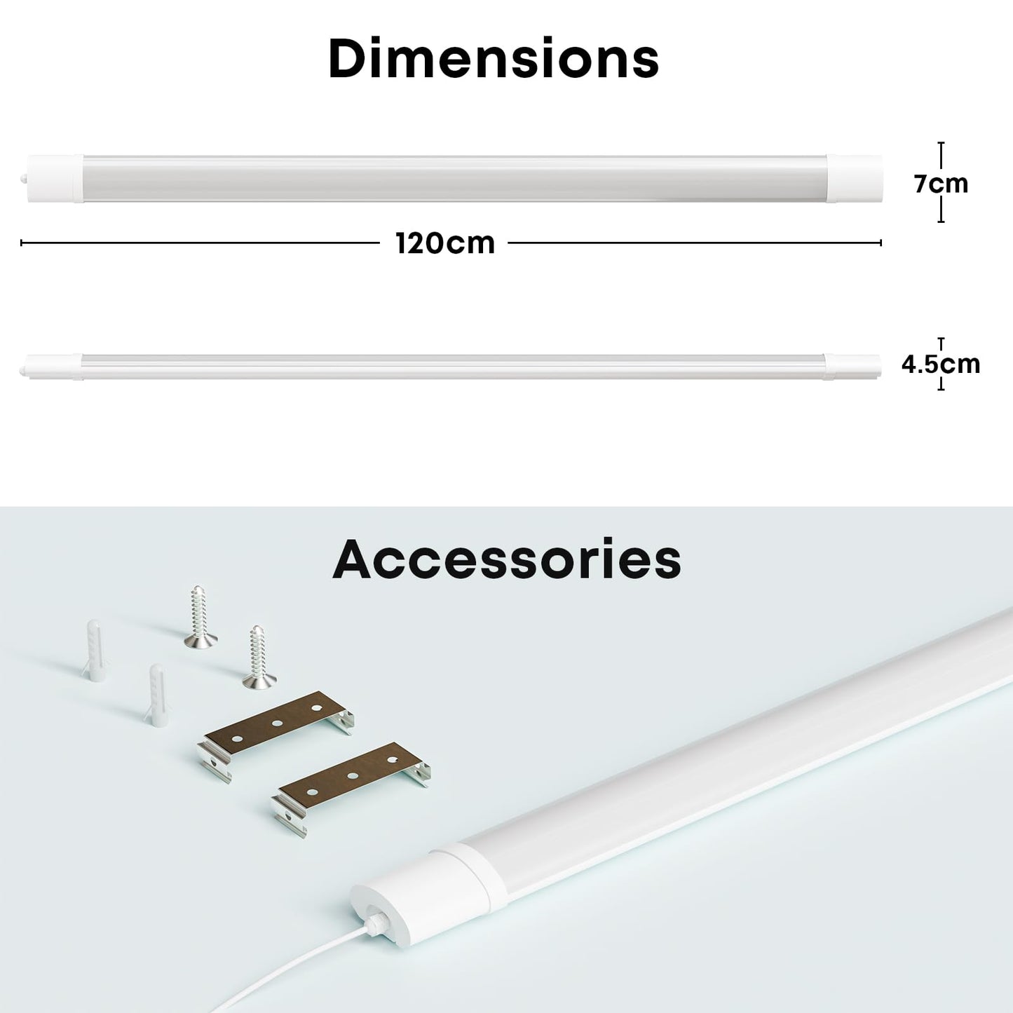 LQWELL® LED Moisture-Proof Light, LED Tube 120x7x4.5cm IP65 Waterproof, 36W 4100LM 6500K, Long Ceiling Light for Basements, Batten Light, Wet Room Light, Garage Lamp, Workshop Lamp, 2 Pieces
