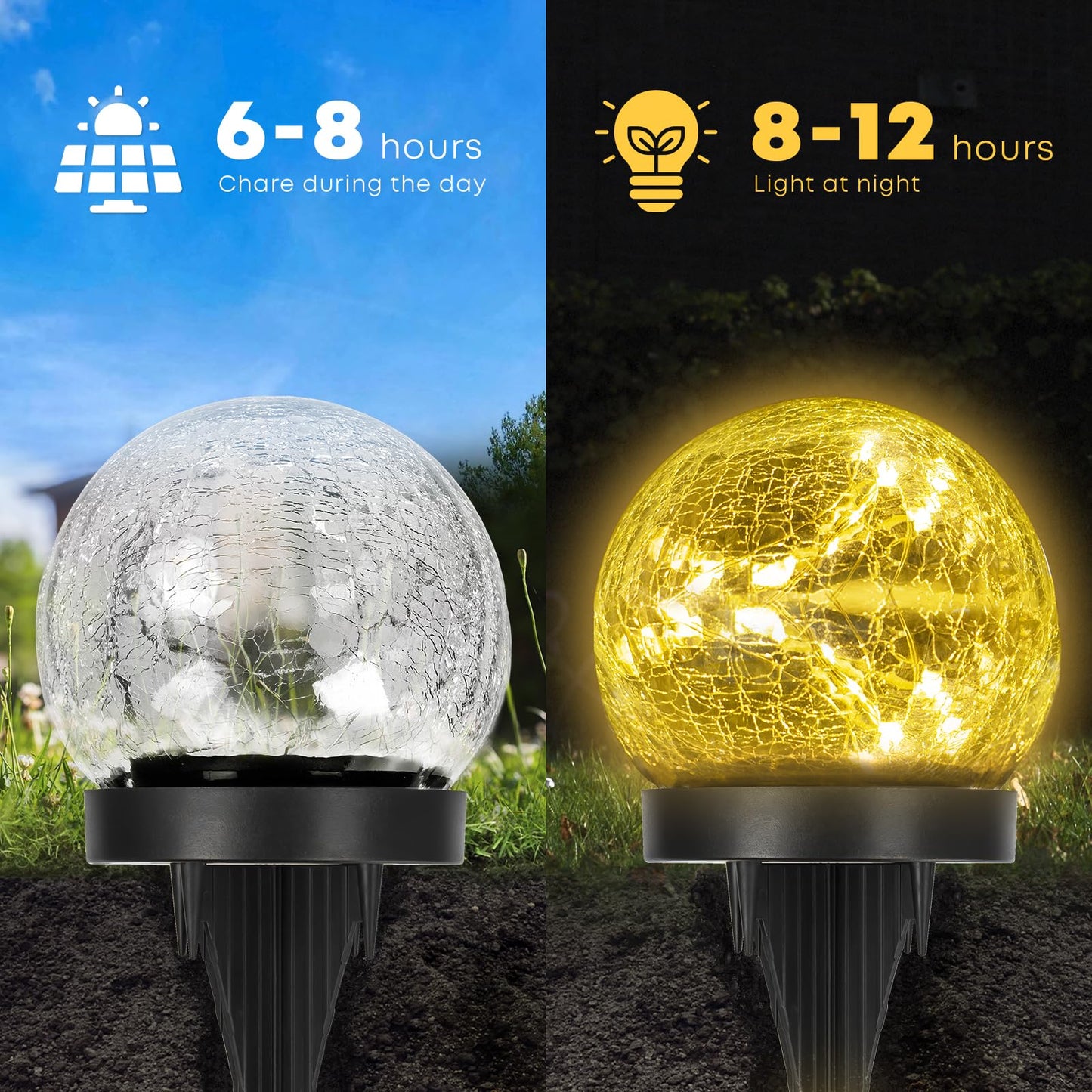 LQWELL® Solar Ground Light for Garden, Solar Garden Light for Outdoor, Ball Crackle Glass Solar Lamp, Warm White 3000K, IP65 Waterproof for Lawn, Balcony, Pathway, Yard Decor