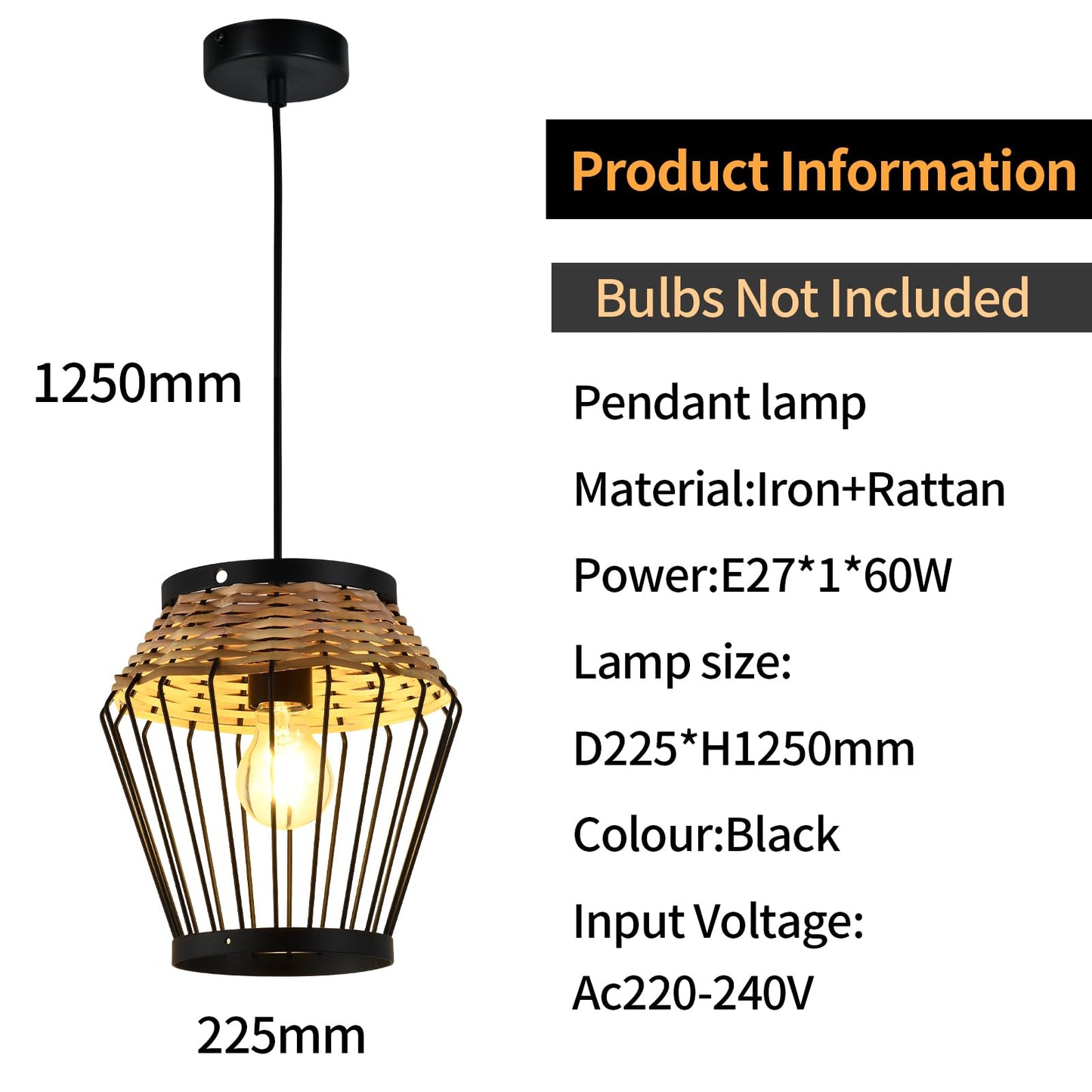 LQWELL® E27 Black Pendant Light, Retro Hanging Lamp Vertigo Lamp Height-Adjustable Chandelier Metal Rattan, for Living Room Bedroom Dining Room Cafes Studio Bar Counter
