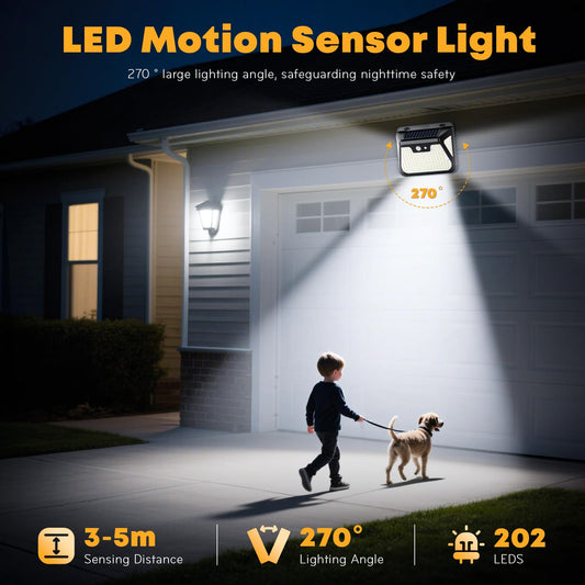 LQWELL® Solar Outdoor Lights with Motion Sensor, LED Solar Lamps, Solar Wall Lights, Super Bright Outdoor Lights IP65 Waterproof, 3 Modes, 210 LED for Garden Patio Pathway Garage (4 Pcs)