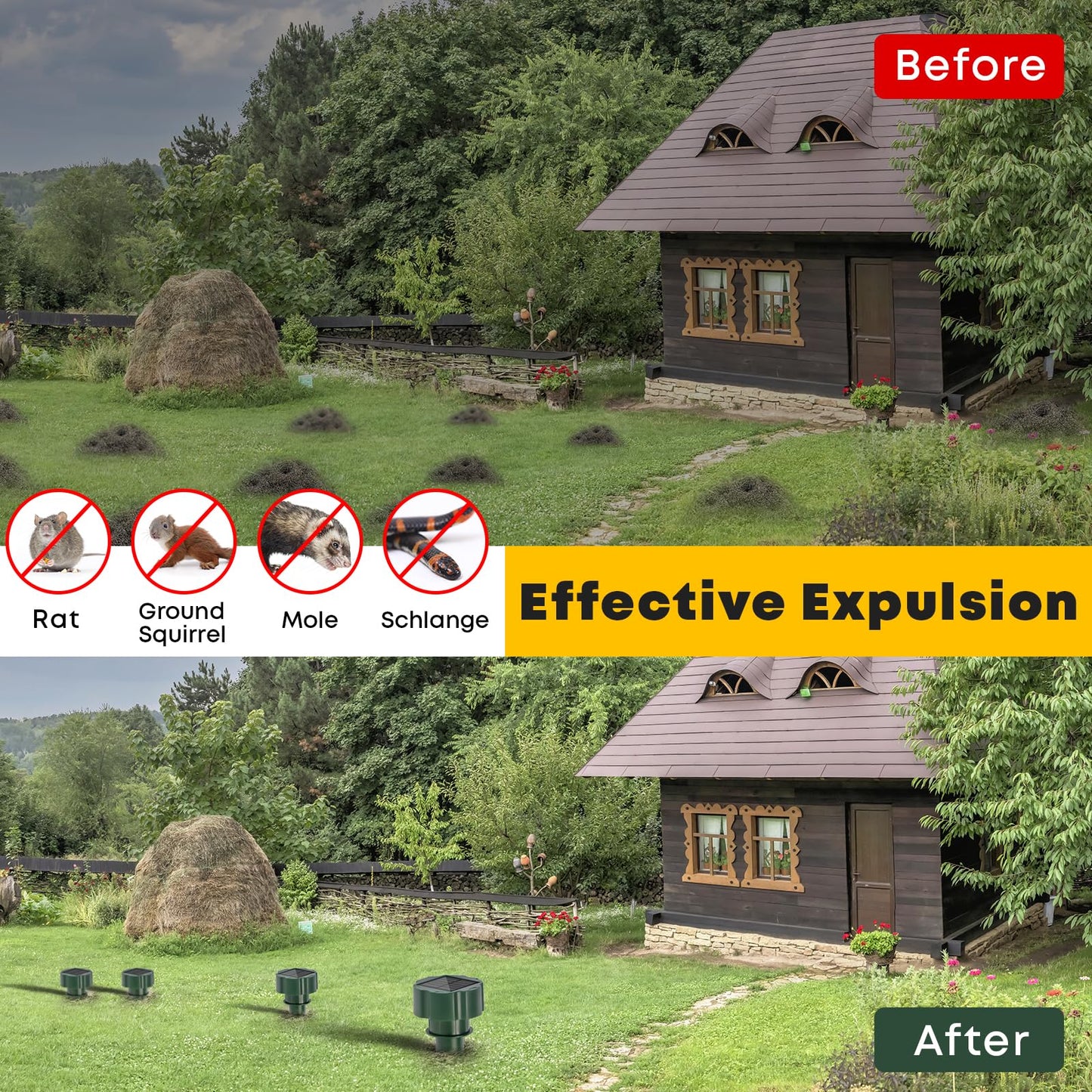 LQWELL® Solar Mole Repellent, 2 Pieces Vole Repellent, Gopher Repellent for the Garden, Ultrasonic Snake Repellent Lizard Repellent, Pest Control IP65 Waterproof for Lawn