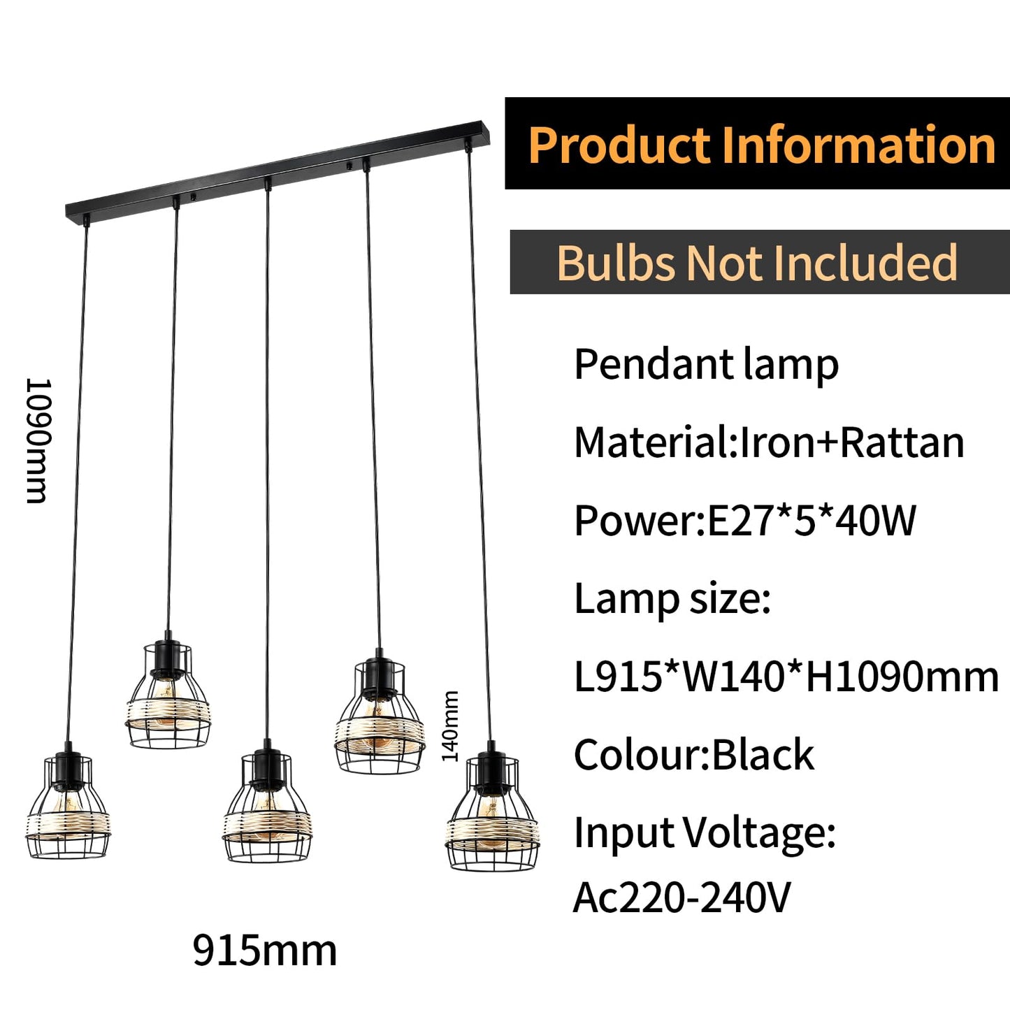 LQWELL® pendant lamp E27 black, retro pendant lamp, modern chandelier, height-adjustable vertigo lamp for living room, bedroom, dining room, cafe, bar counter, restaurant