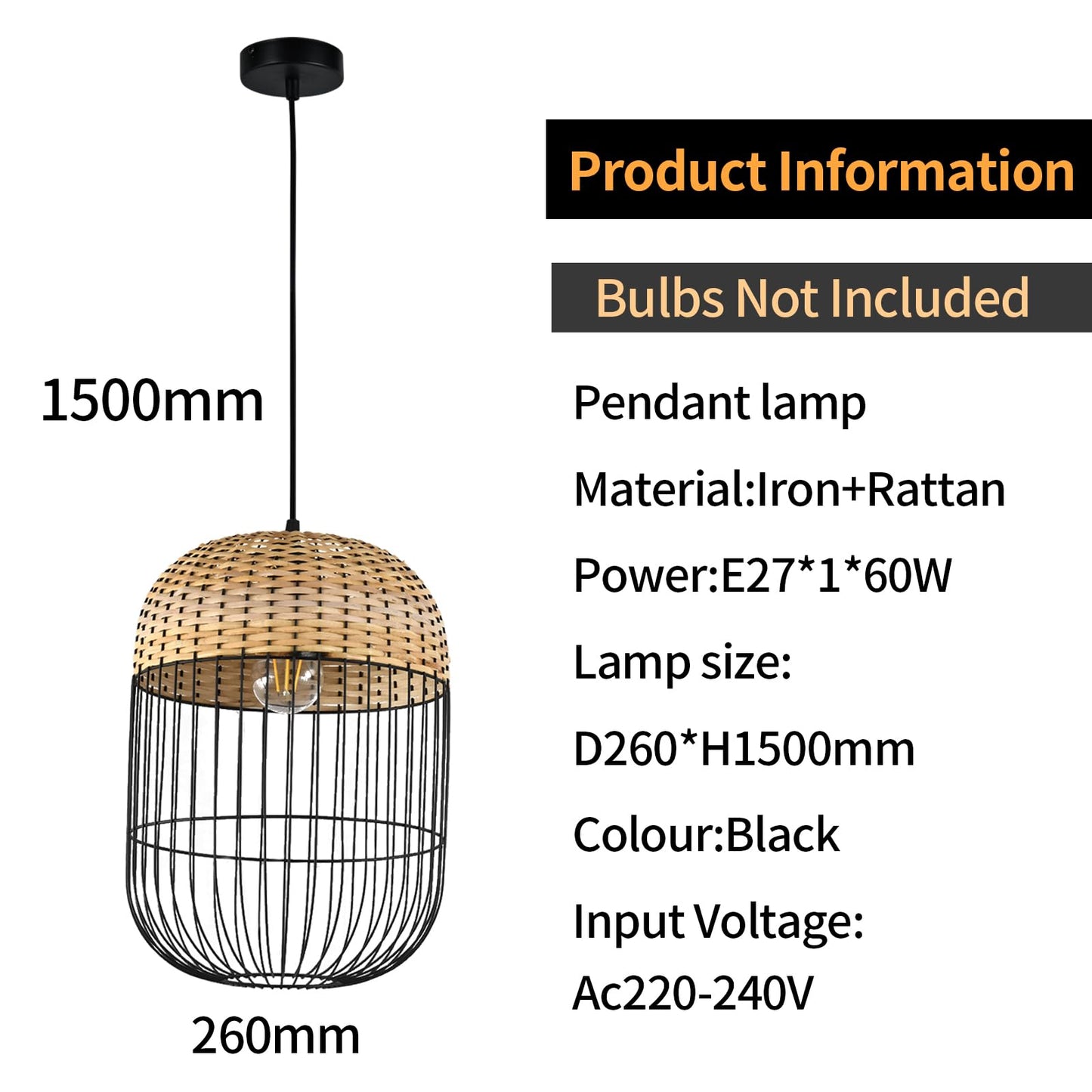 LQWELL® E27 Black Pendant Lamp, Retro Hanging Lamp Pendant Light Vertigo Lamp Height-Adjustable Chandelier Metal Rattan, for Living Room Bedroom Dining Room Cafes Studio Bar Counter