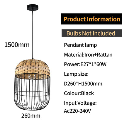 LQWELL® E27 Black Pendant Lamp, Retro Hanging Lamp Pendant Light Vertigo Lamp Height-Adjustable Chandelier Metal Rattan, for Living Room Bedroom Dining Room Cafes Studio Bar Counter