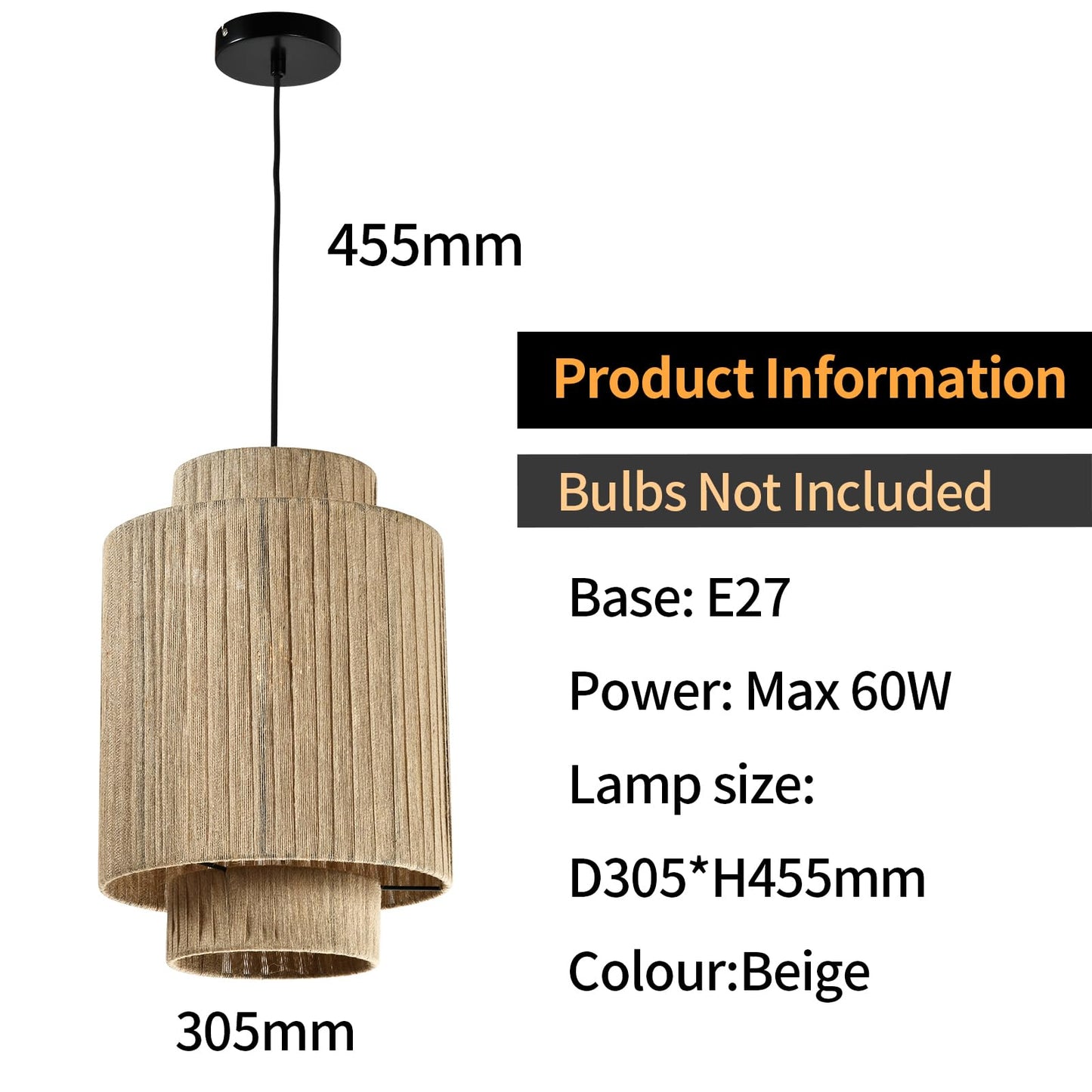 LQWELL® E27 Pendant Light Ceiling Lamp Chandelier, Retro Ceiling Light Pendant Lamp 1-Light, Linen Beige Chandelier for Living Room Bedroom Dining Room Bar Hotel Shop Studio Cafes