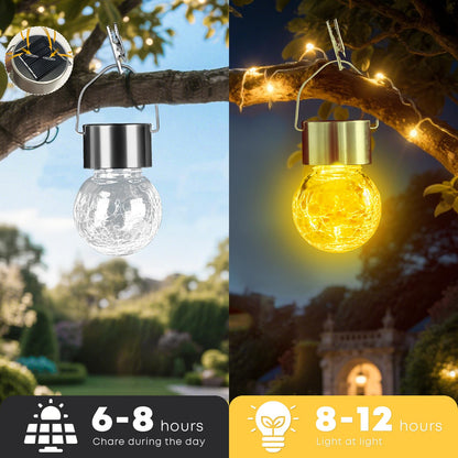 LQWELL® Solar Hanging Lights for Outdoors, 4 PCS Solar Outdoor Lights, Crackle Glass Ball Lantern Light, Waterproof, Multiple Colors, Cracked, Automatic Color Change for Party, Garden, Fence, Tree Decor