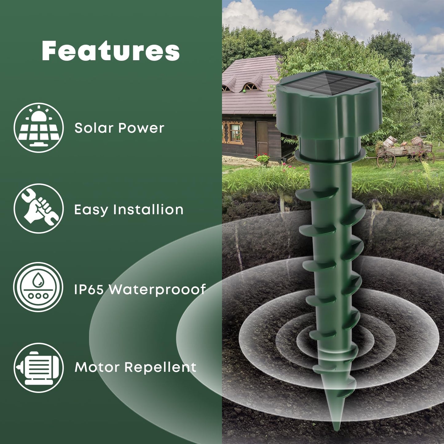 LQWELL® Solar Mole Repellent, 2 Pieces Vole Repellent, Gopher Repellent for the Garden, Ultrasonic Snake Repellent Lizard Repellent, Pest Control IP65 Waterproof for Lawn