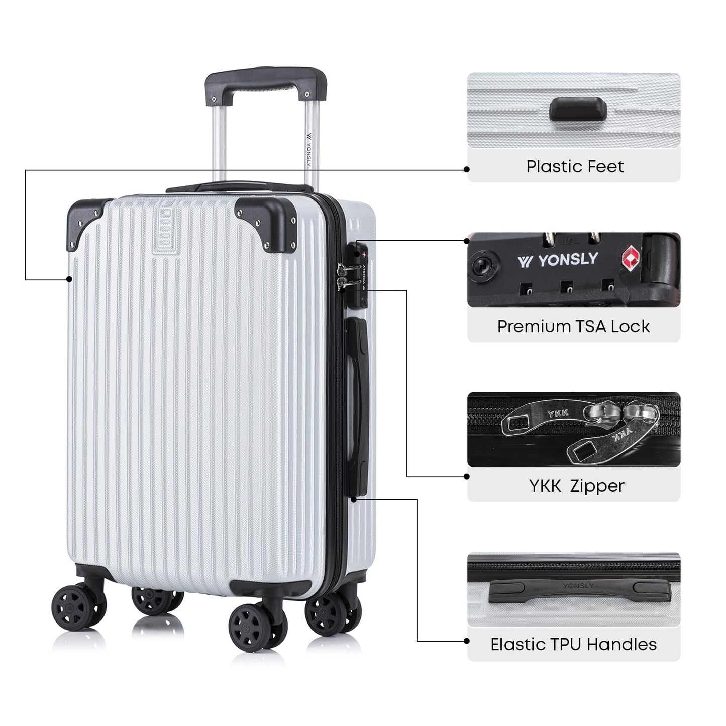 YONSLY® Premium Travel Suitcase TSA Lock, YKK Zipper Hardshell Suitcase Trolley Carry-On Luggage Spinner Suitcase 4 Wheels