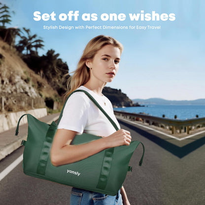 YONSLY® Reisetasche und Kulturbeutel Satz, Leichte Weekender mit Trolleyhülle, Erweiterbare, Doppellagiges, Wasserdichtes Oxford-Gewebe, Waschbar für Flugzeug Reise Gym Sport