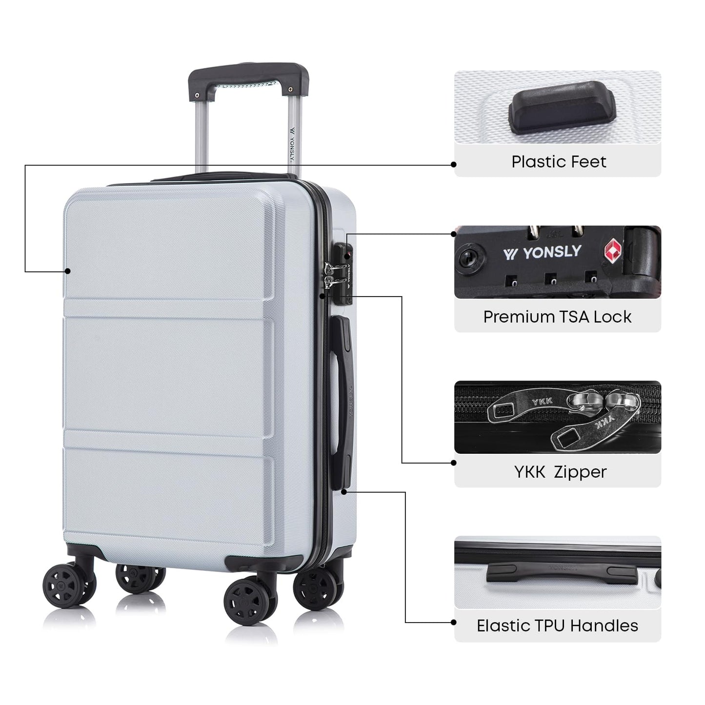 YONSLY® Premium Luggage TSA Lock, YKK Zipper Hardside Suitcase Trolley Cabin Suitcase Rolling Suitcase Carry-on 4 Wheels (M-L-XL Set)