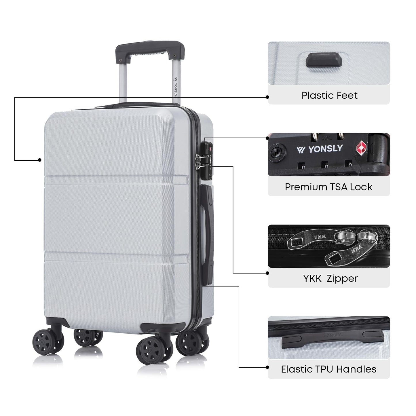 YONSLY® Premium Reisekoffer TSA-Schloss,YKK-Reißverschluss Hartschalen-Koffer Trolley Kabinenkoffer Rollkoffer Suitcase Handgepäck 4 Rollen