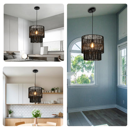 LQWELL® E27 Pendant Light, Retro Hanging Lamp Single-Head, Linen Black Brown Chandelier for Living Room Bedroom Dining Room Bar Hotel Shop Studio Cafes