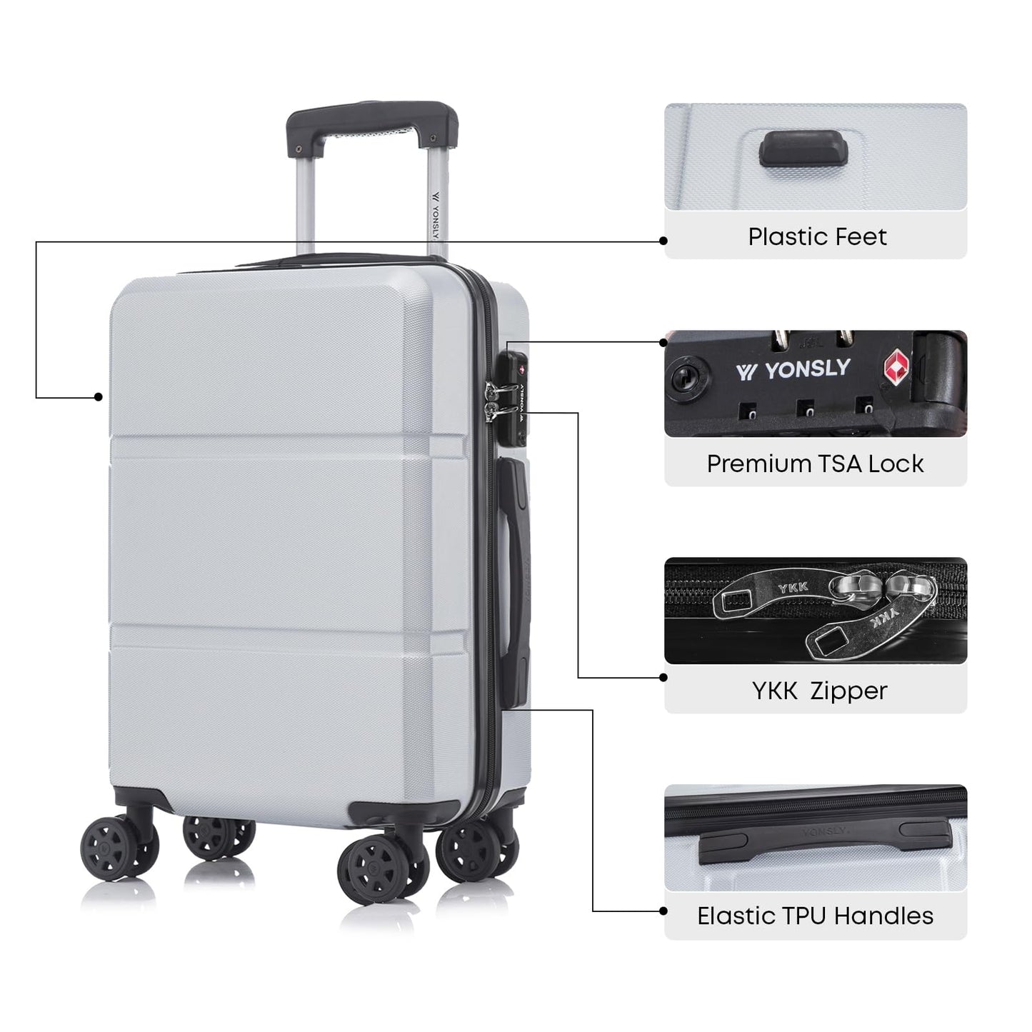 YONSLY® Premium Luggage TSA Lock, YKK Zipper Hardshell Suitcase Trolley Cabin Suitcase Rolling Suitcase Carry-on 4 Wheels (M-L-XL Set)