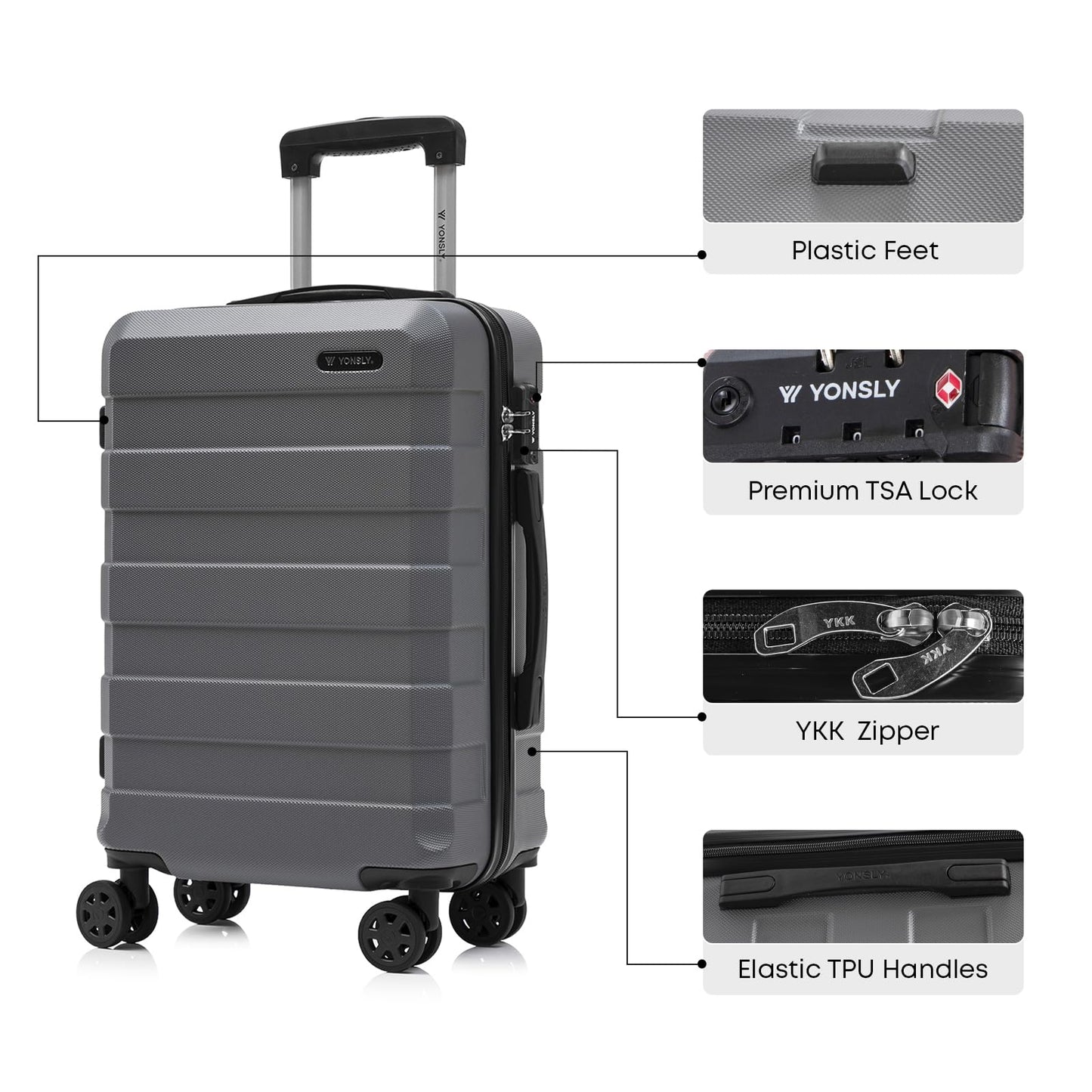 YONSLY® Premium Luggage TSA Lock, YKK Zipper Hardshell Suitcase Trolley Cabin Luggage Spinner Suitcase Carry-on 4 Wheels