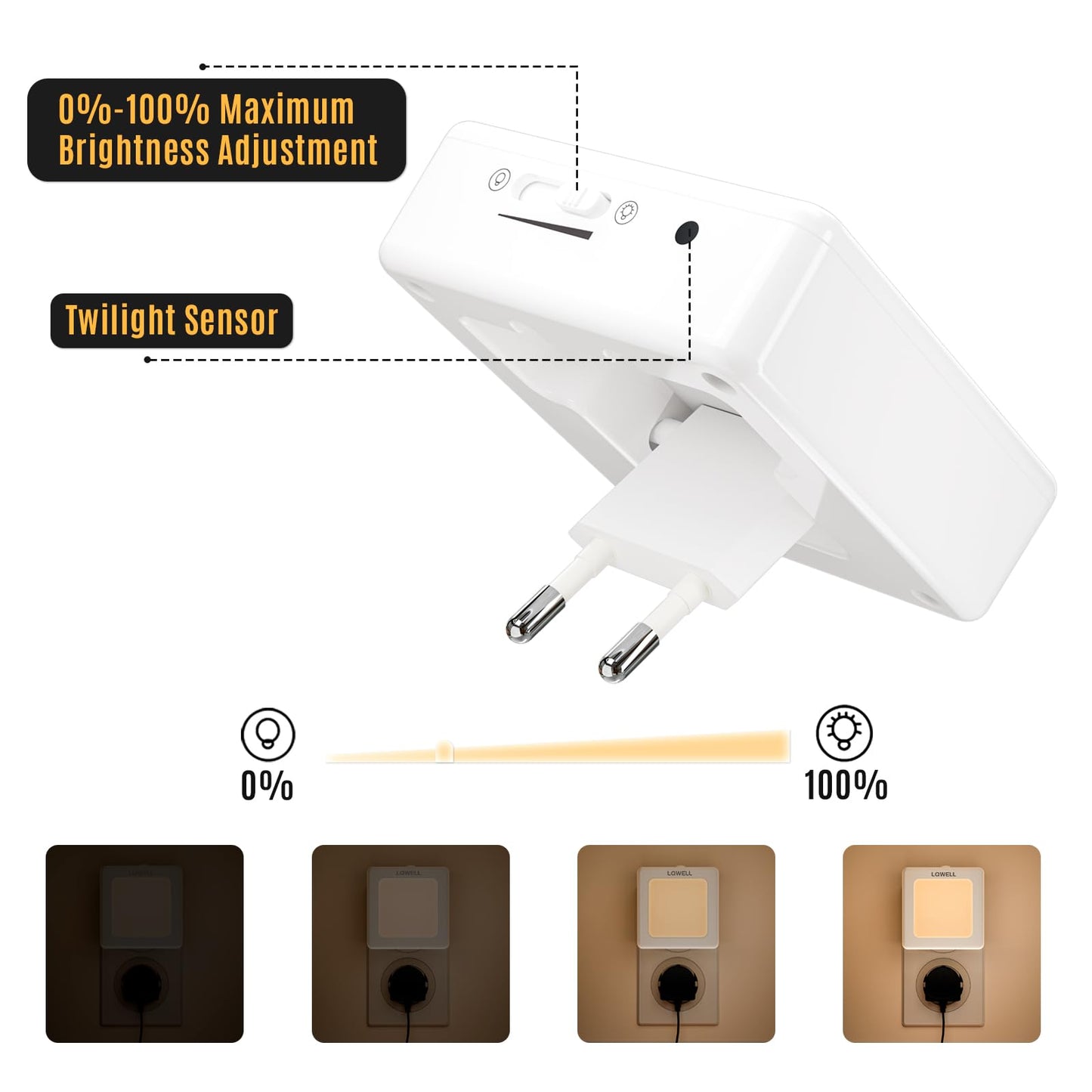 LQWELL® Foldable Outlet Night Light with Dusk Sensor, Night Lamp Adjustable Brightness, Automatic Outlet Light, Warm White Orientation Light for Kids' Room, Hallway, Stairs, White, 4/8 PCS