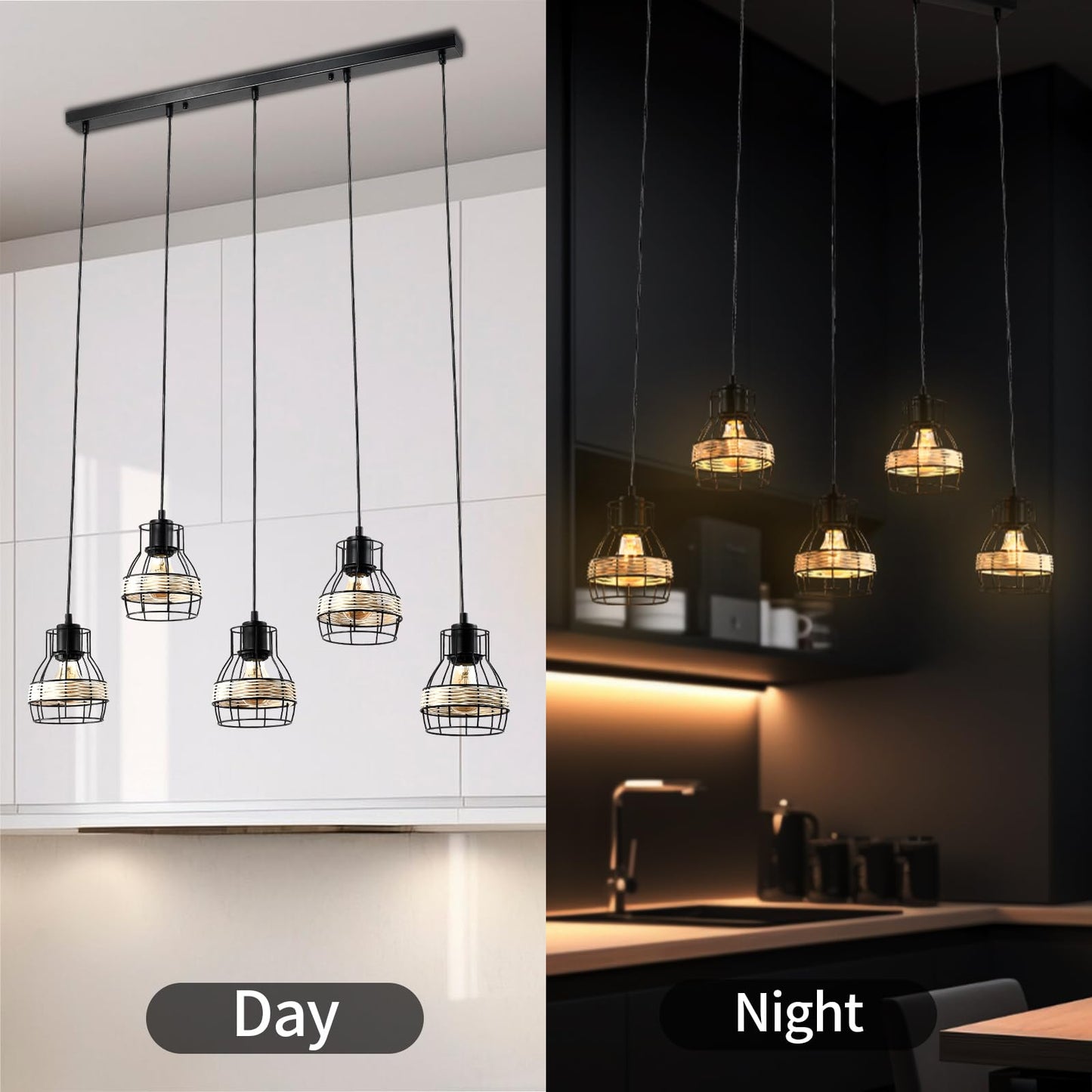 LQWELL® pendant lamp E27 black, retro pendant lamp, modern chandelier, height-adjustable vertigo lamp for living room, bedroom, dining room, cafe, bar counter, restaurant