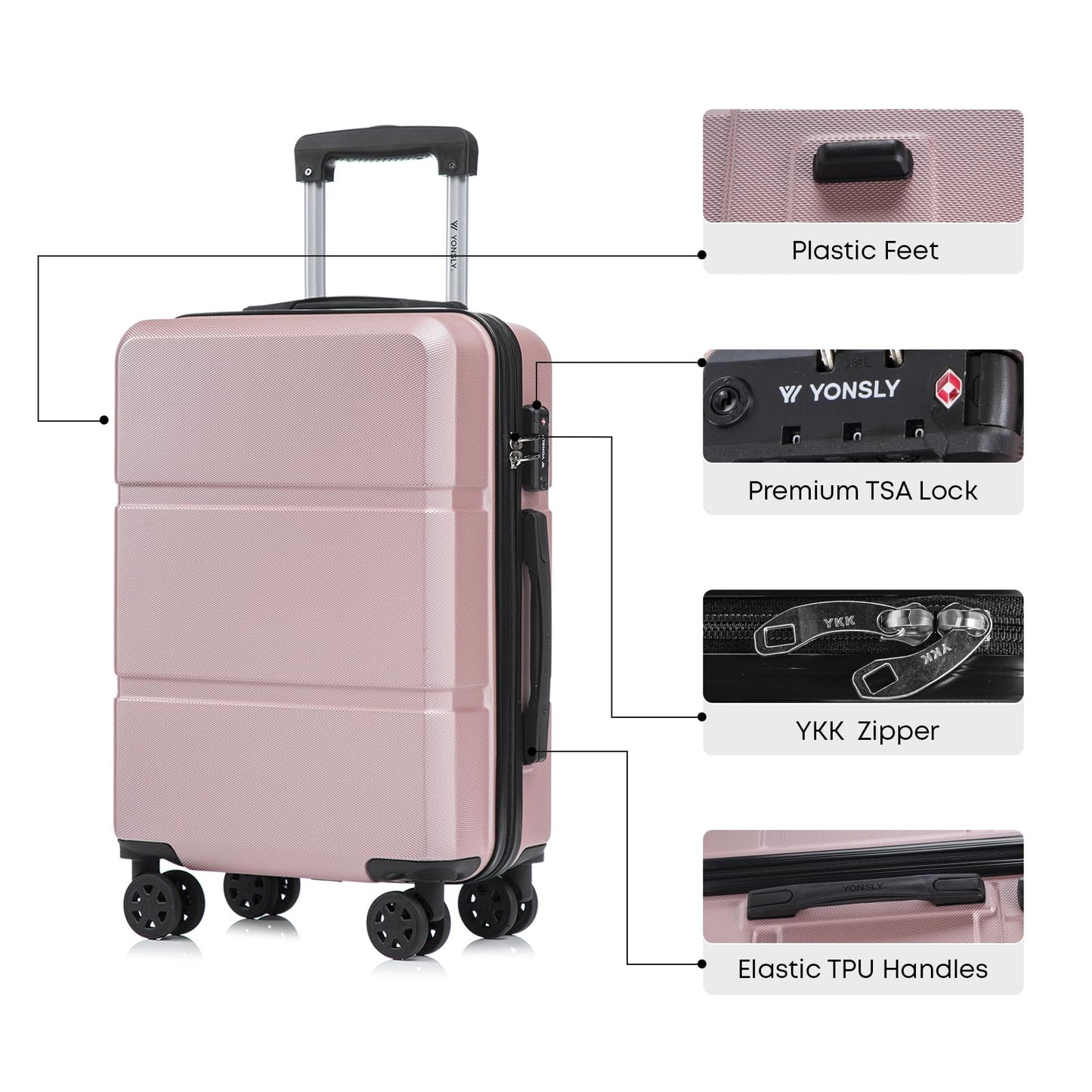 YONSLY® Suitcase TSA Lock, YKK Zipper Hardshell Suitcase Trolley Cabin Suitcase Rolling Suitcase Hand Luggage 4 Wheels
