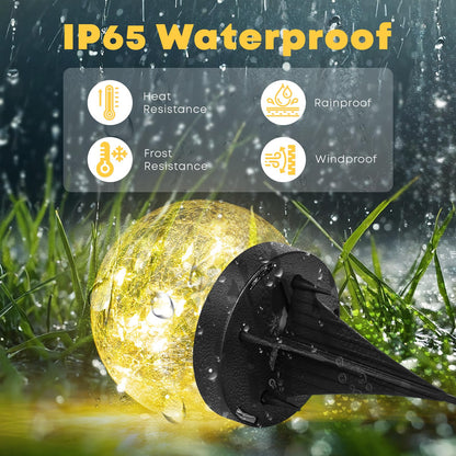 LQWELL® Solar Ground Light for Garden, Solar Garden Light for Outdoor, Ball Crackle Glass Solar Lamp, Warm White 3000K, IP65 Waterproof for Lawn, Balcony, Pathway, Yard Decor