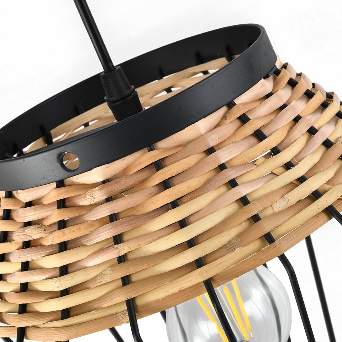 LQWELL® E27 Black Pendant Light, Retro Hanging Lamp Vertigo Lamp Height-Adjustable Chandelier Metal Rattan, for Living Room Bedroom Dining Room Cafes Studio Bar Counter