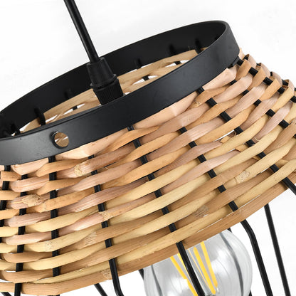 LQWELL® E27 Black Pendant Light, Retro Hanging Lamp Vertigo Lamp Height-Adjustable Chandelier Metal Rattan, for Living Room Bedroom Dining Room Cafes Studio Bar Counter