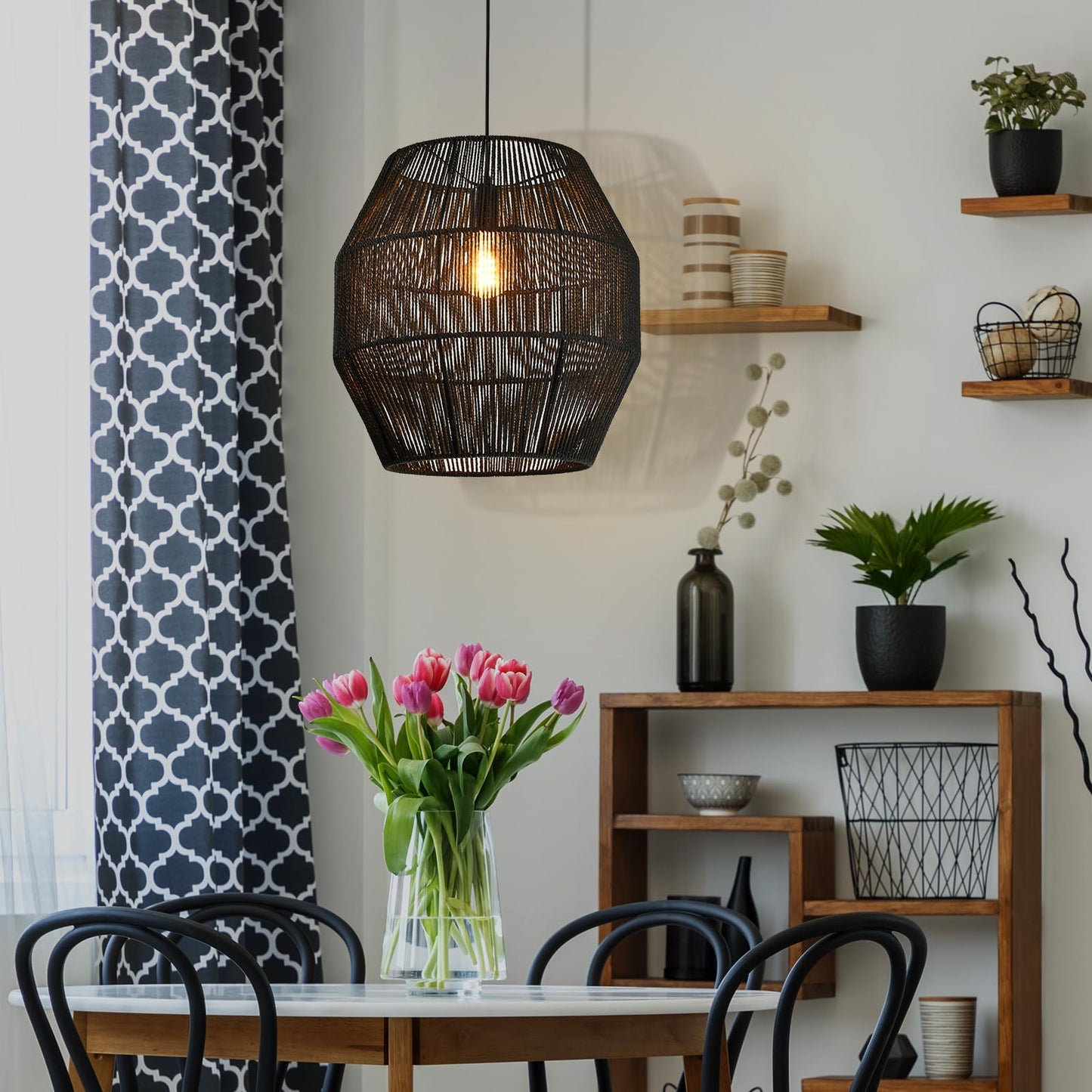 LQWELL® E27 Pendant Lamp, Retro Hanging Lamp 1-Light, Linen Black Brown Chandelier for Living Room Bedroom Dining Room Bar Hotel Shop Studio Cafes