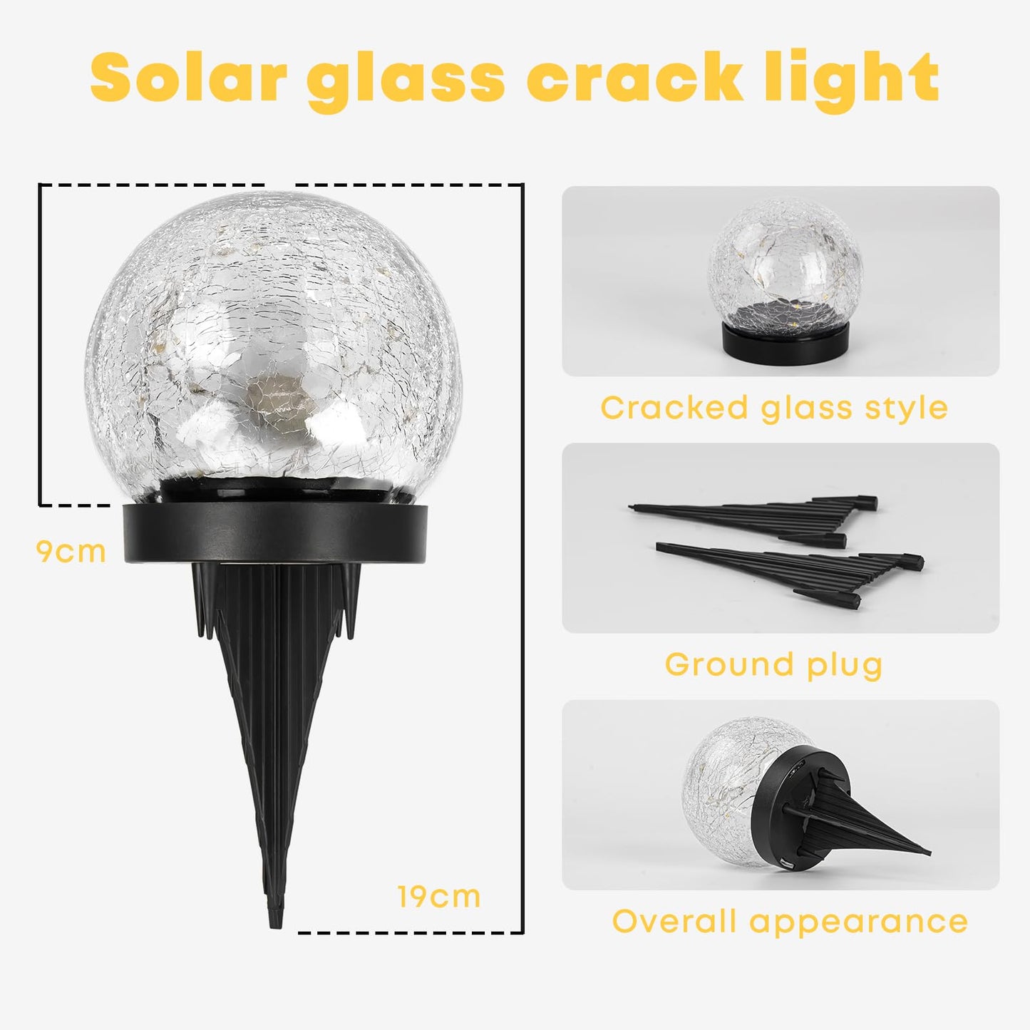 LQWELL® Solar Ground Light for Garden, Solar Garden Light for Outdoor, Ball Crackle Glass Solar Lamp, Warm White 3000K, IP65 Waterproof for Lawn, Balcony, Pathway, Yard Decor