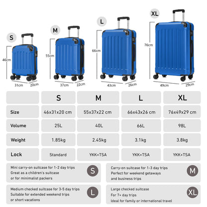 YONSLY® Premium Luggage, TSA Lock YKK Zipper Hardside Suitcase Trolley Cabin Luggage Roller Suitcase Carry-On 4 Wheels (S-M-L-XL-Set)