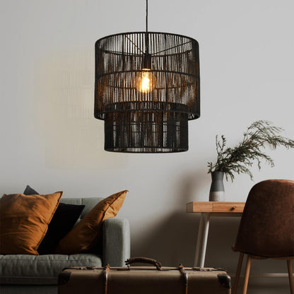 LQWELL® E27 Pendant Light, Retro Hanging Lamp Single-Head, Linen Black Brown Chandelier for Living Room Bedroom Dining Room Bar Hotel Shop Studio Cafes
