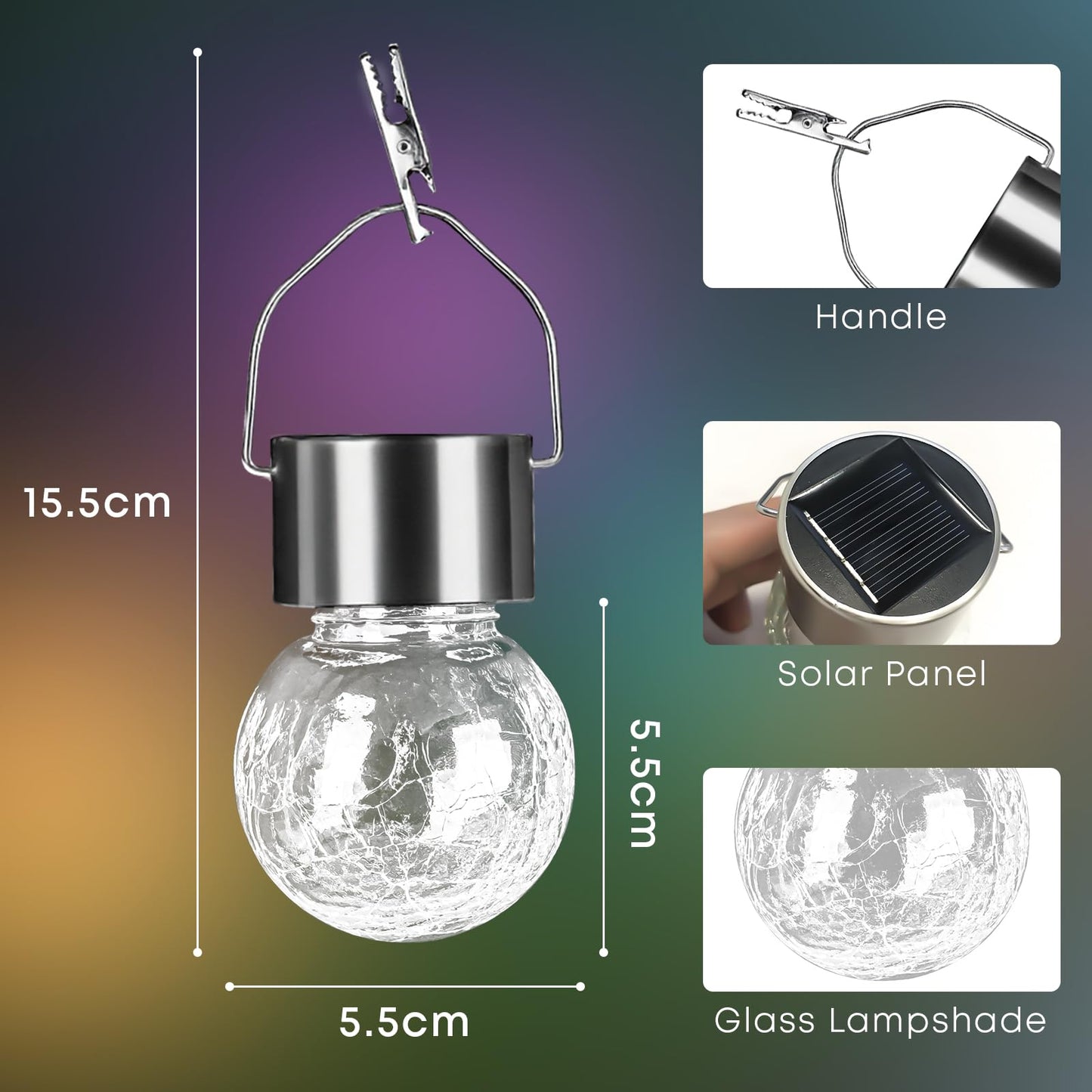 LQWELL® Solar Hanging Lights for Outdoors, 4 PCS Solar Outdoor Lights, Crackle Glass Ball Lantern Light, Waterproof, Multiple Colors, Cracked, Automatic Color Change for Party, Garden, Fence, Tree Decor