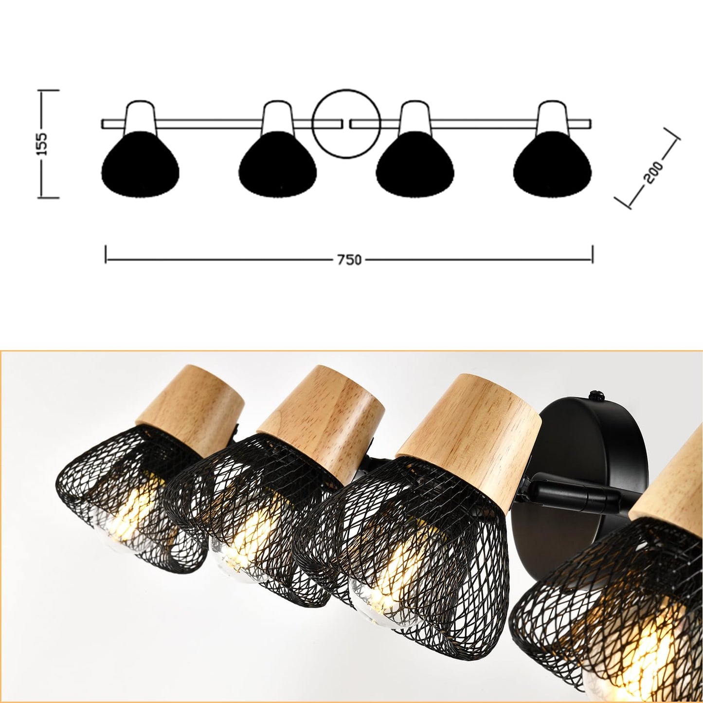 LQWELL® E14 Wall Light, LED Indoor Wall Lamp Wall Lighting Wall Spotlight in Retro Industrial Style, for Studio Bar Counter Hotel Bedroom Living Room Staircase Hallway Basement, Matte Black Metal