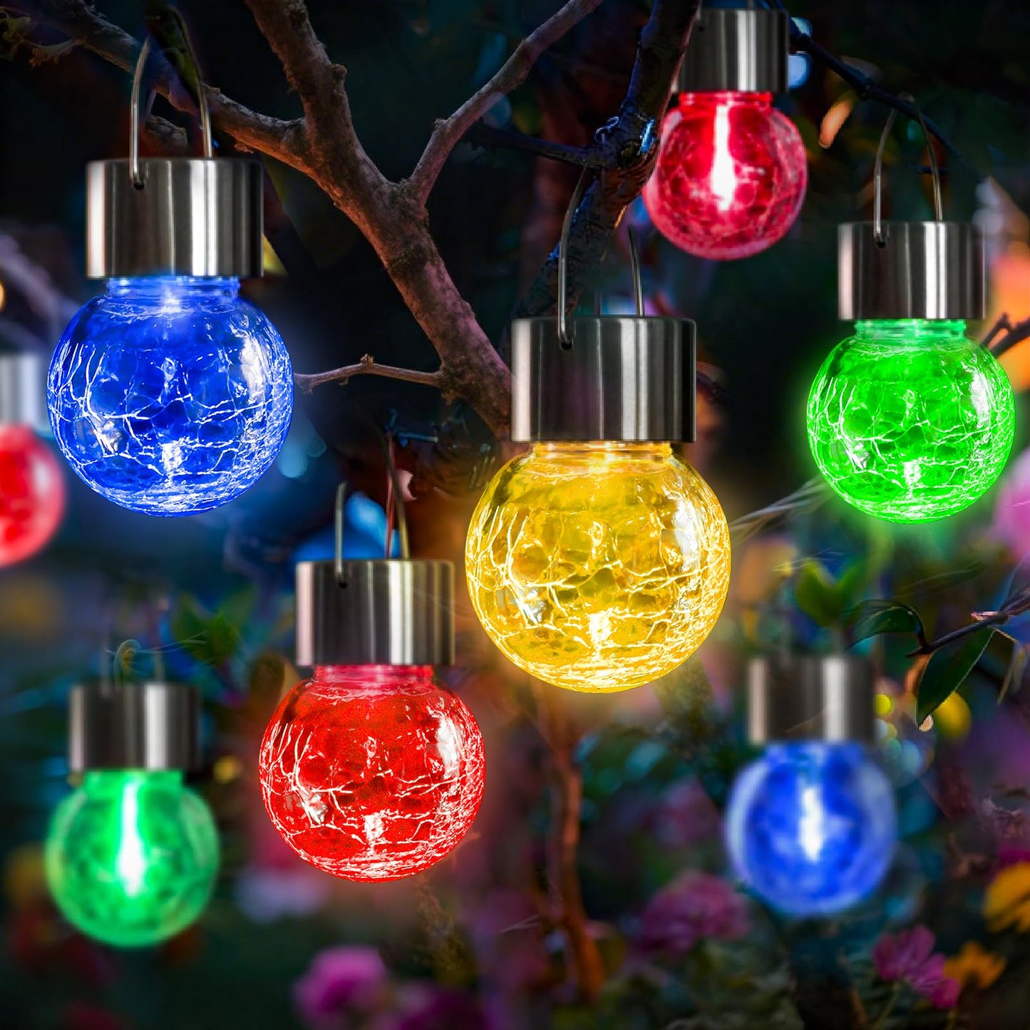 LQWELL® Solar Hanging Lights for Outdoors, 4 PCS Solar Outdoor Lights, Crackle Glass Ball Lantern Light, Waterproof, Multiple Colors, Cracked, Automatic Color Change for Party, Garden, Fence, Tree Decor