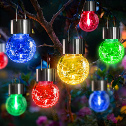 LQWELL® Solar Hanging Lights for Outdoors, 4 PCS Solar Outdoor Lights, Crackle Glass Ball Lantern Light, Waterproof, Multiple Colors, Cracked, Automatic Color Change for Party, Garden, Fence, Tree Decor