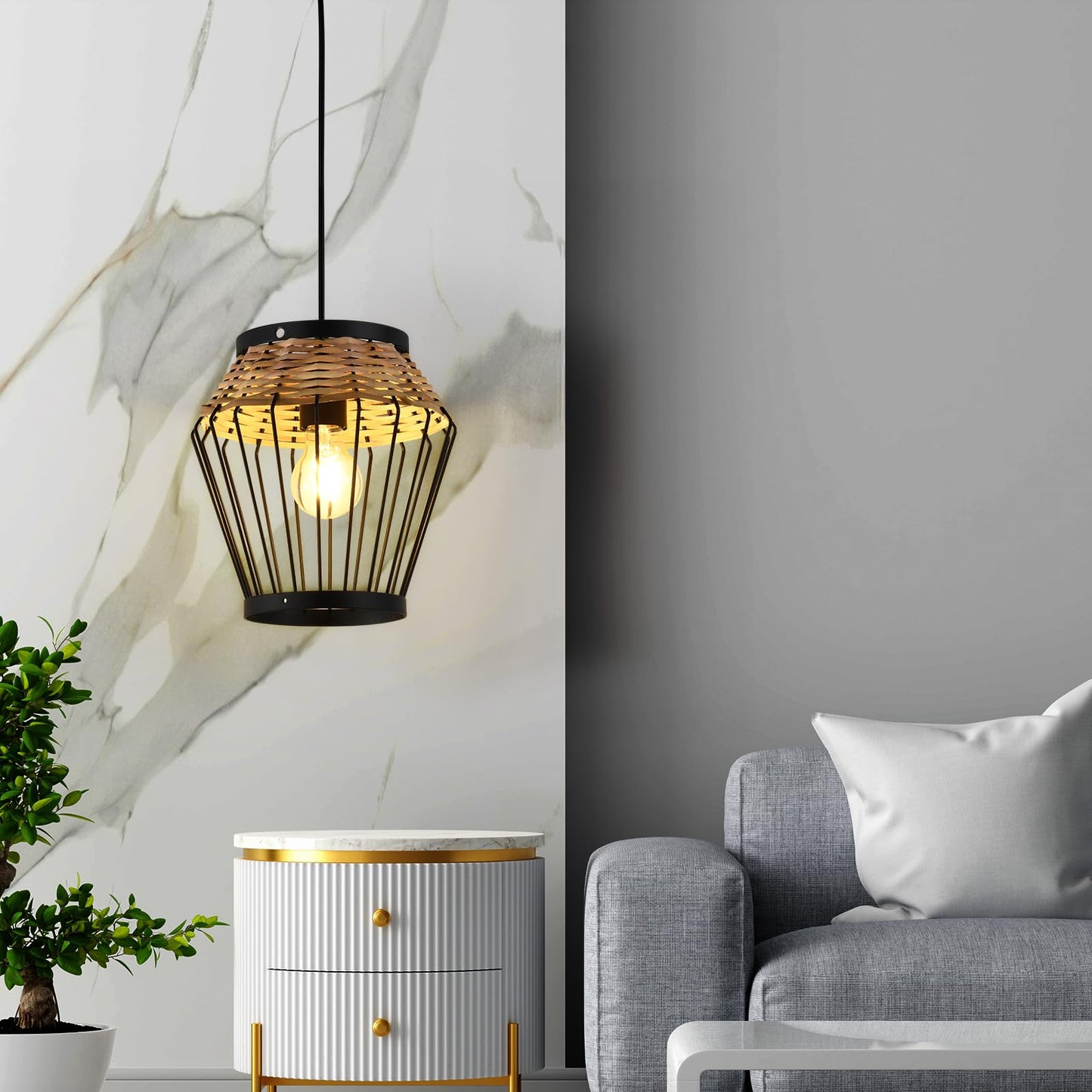 LQWELL® E27 Black Pendant Light, Retro Hanging Lamp Vertigo Lamp Height-Adjustable Chandelier Metal Rattan, for Living Room Bedroom Dining Room Cafes Studio Bar Counter
