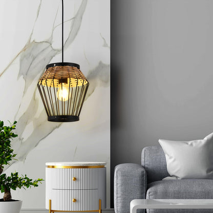 LQWELL® E27 Black Pendant Light, Retro Hanging Lamp Vertigo Lamp Height-Adjustable Chandelier Metal Rattan, for Living Room Bedroom Dining Room Cafes Studio Bar Counter