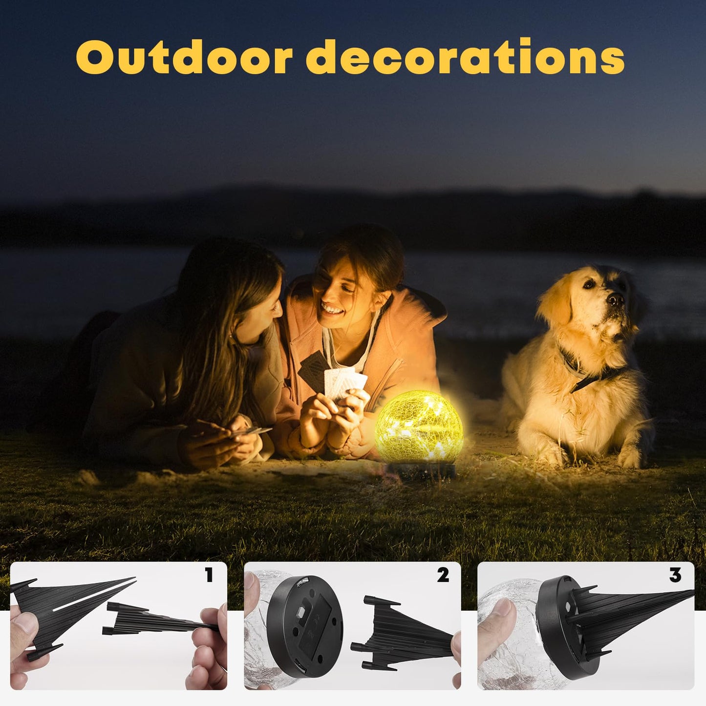 LQWELL® Solar Ground Light for Garden, Solar Garden Light for Outdoor, Ball Crackle Glass Solar Lamp, Warm White 3000K, IP65 Waterproof for Lawn, Balcony, Pathway, Yard Decor