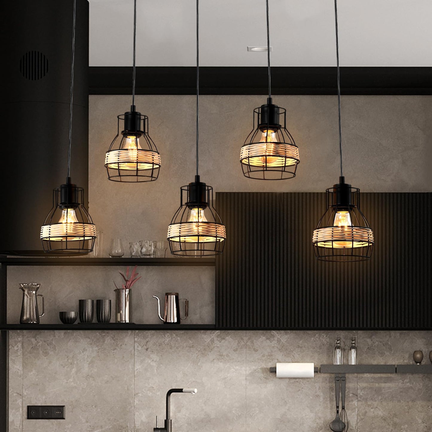 LQWELL® pendant lamp E27 black, retro pendant lamp, modern chandelier, height-adjustable vertigo lamp for living room, bedroom, dining room, cafe, bar counter, restaurant